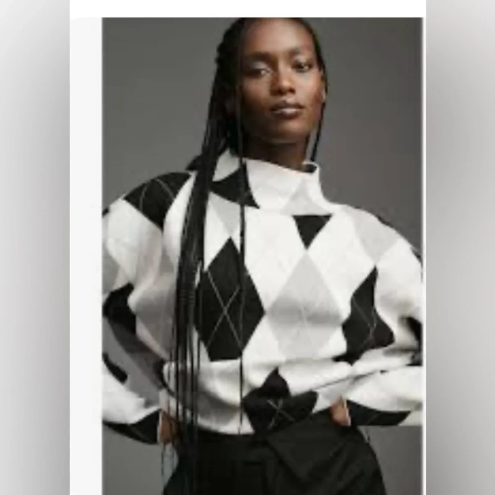 Maeve Anthropologie The Carys Mock Neck Argyle Sweater Size Small Black Gray - Picture 8 of 8